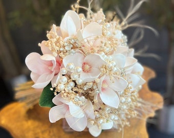 Pink Magnolia Crystal Diamante Pearl Bride Bouquet, Wedding Bouquet, Bridal Bouquet, Bride Bouquet, Bridesmaid Bouquets, Artificial flowers