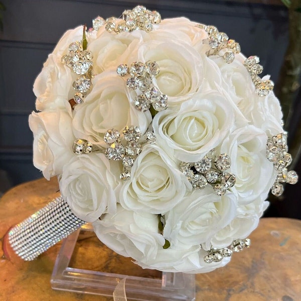 Rose Crystal Diamante Bride Bouquet, Bling Bridal Bouquet With Rhinestone Bridal Bouquet, Bridal Bouquets, Artificial flowers