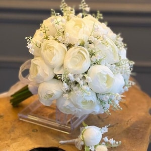 Peony and Lily of the Valley Wedding Bouquet, Bridal Bouquet, Wedding Flowers, Bridesmaid Bouquets, Artificial flowers