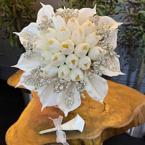 Calla Lilies Tulip Crystal Diamante Bride Bouquet, Calla Lilies Tulip Wedding Bouquet, Bridal Bouquet, Artificial flowers