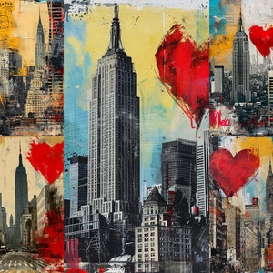 May include: A collage of images featuring the Empire State Building in New York City. The collage is made up of different images of the building, including a close-up of the top of the building, a view of the building from the street, and a view of the building from a distance. The collage is also decorated with red hearts.