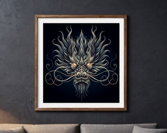 Seraphic Symmetry: Mythical Guardian in Line Art, Chinese Dragon Line Art, Oriental Dragon, Mythical Creature, heraldic beasts, Symbolic Art