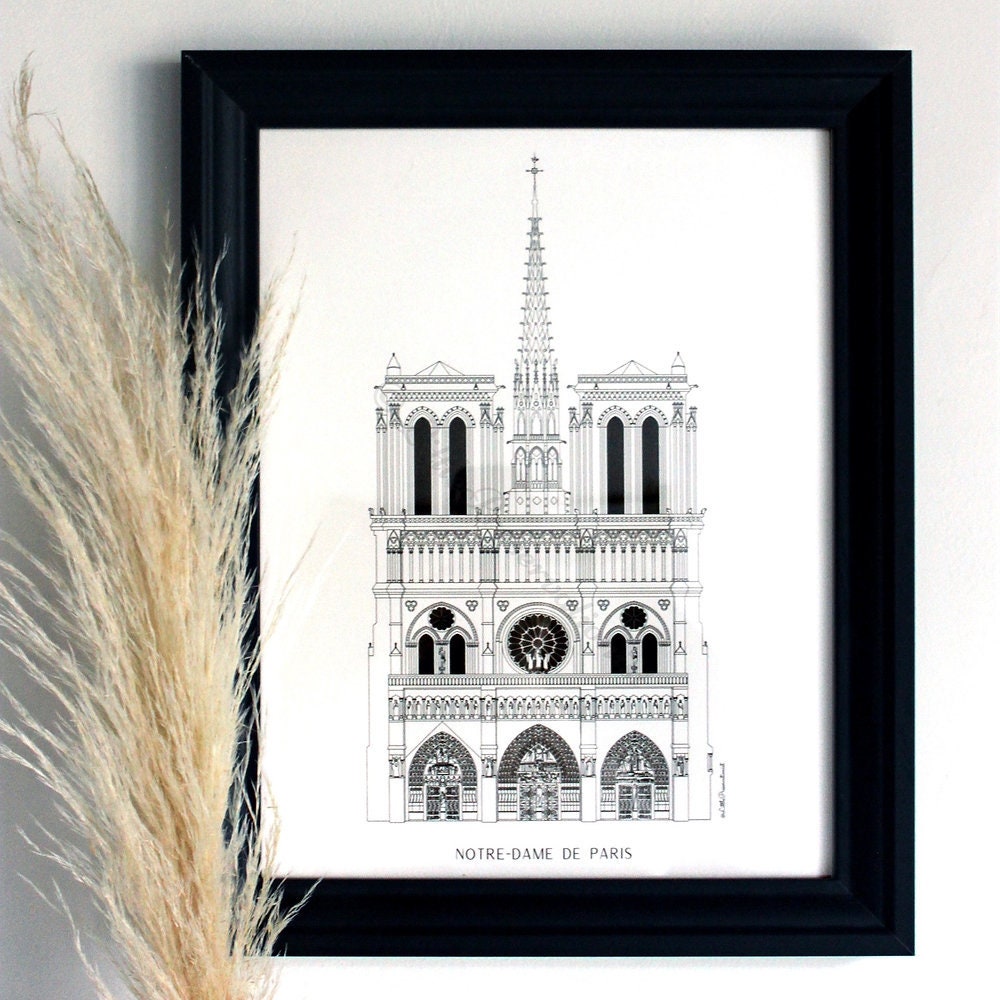 Illustration de Notre Dame Paris - Idée Cadeau Unique Amoureux Paris Français Dessin Église Cathédra