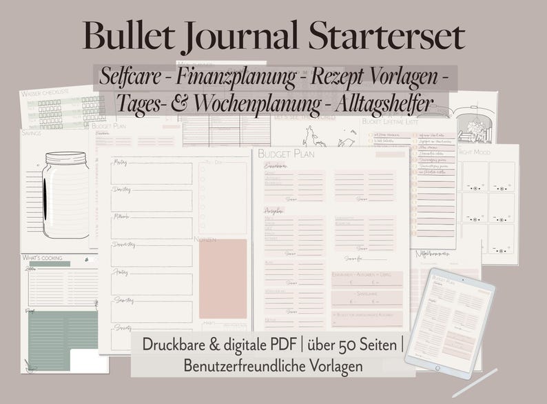Eine Auswahl an Seiten des Digitalen und ausdruckbaren Bulletjournals. Für Selfcare, Finanzen, Tages- und Wochenplanung sowie für Rezeptbücher und weiterer Tracker.