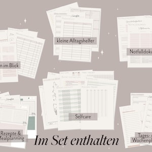 Die Sets im überblick: Selfcare, Finanzen, Rezepte und Mealplanning, kleine Alltagshelfer, notfalldokumente und Tagse- und Wochenplanung
