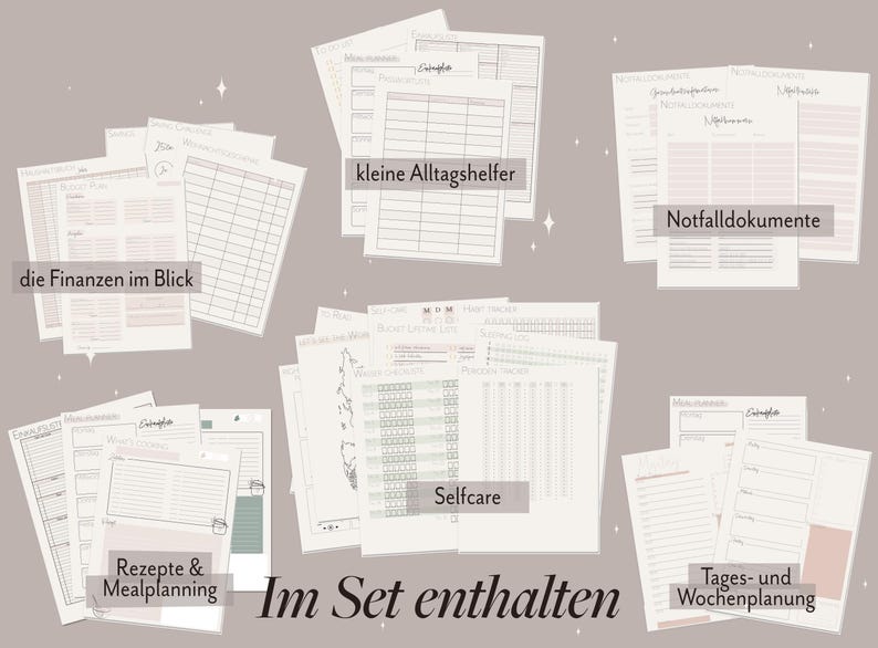 Die Sets im überblick: Selfcare, Finanzen, Rezepte und Mealplanning, kleine Alltagshelfer, notfalldokumente und Tagse- und Wochenplanung