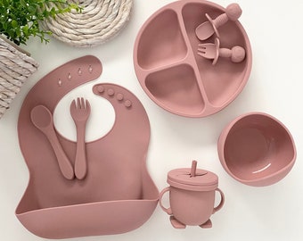 Quintessential Baby Toddler Silicone Feeding 9 Piece Set Rose Pink. Non Toxic. Food Grade. BPA Lead PVC Phthalates Cadmium Metal Free.