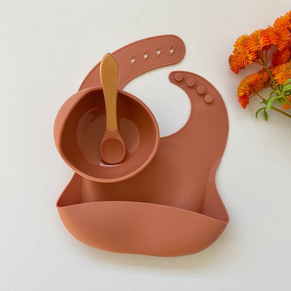 Silicone Bib Spoon Bowl Meal Set - Rust Orange Colour - Toddler Baby Newborn Present Gift - 3 Piece Feeding Set - Non Toxic - Easy Clean