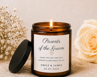 Parents of the Groom Personalised Candle Gift Box, Wedding Morning present for Mum, Custom Name Date Soy Wax, Keepsake, Matches thank you