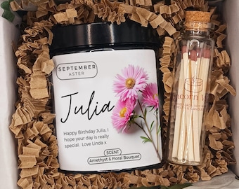 Personalised Birth Flower Soy Candle Gift Set • Scented Soy Wax with Matches • Birthday personalized month cute present idea family friend