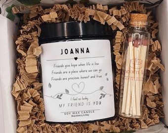 Friendship Candle Personalised Gift • Soy Vegan Wax Scented • friend family colleague work • Box with Matches • Bestie best mate birthday