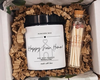 Happy New Home Candle Gift, Moving House, Present for friend, family, Box with Matches, Housewarming Gift, Soy Wax Scented Couple them her