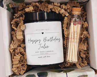 Happy Birthday Personalised Candle Gift, Soy Wax Scented Candle,  Gift for friend, family, Gift Box with Matches, Custom Personalised Gift