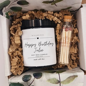 Happy Birthday Personalised Candle Gift, Soy Wax Scented Candle,  Gift for friend, family, Gift Box with Matches, Custom Personalised Gift