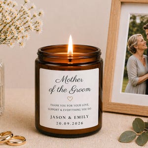 Mother of the Groom Personalised Candle Gift Box, Wedding Morning present for Mum, Custom Name Date Soy Wax, Keepsake with Matches thank you