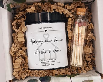 Happy New Home Personalised Gift  With matches and Box Soy Wax Candle , House Key Charm For couple son daughter family friend cute idea