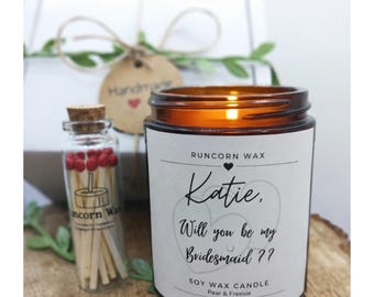 Personalised Bridesmaid Proposal Candle Gift Box: Soy Wax Scented Present & Matches will you be