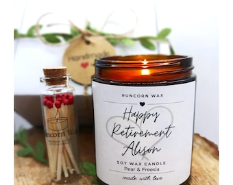 Happy Retirement Candle Personalised Gift, Soy Wax Scented, for friend, family, colleague, Gift Box with Matches, Custom Personalisation