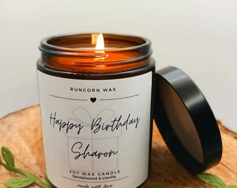 Birthday gift for her • Personalised Happy Birthday Candle • Soy Wax Scented friend family • Wife sister mum auntie • Warm glow present