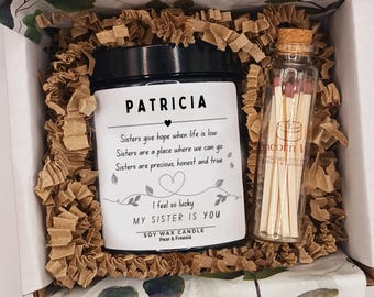 Personalised Sister Soy Candle Gift Box, Premium Scented Present & Matches birthday appreciation