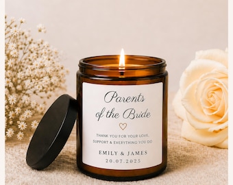 Parents of the Bride Personalised Candle Gift Box, Wedding Morning present for Mum, Custom Name Date Soy Wax, Keepsake, Matches thank you