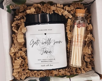 Get Well Soon Candle, Personalised Gift, Soy Wax Scented, for friend, family, colleague, Box with Matches, Custom for her relative recovery