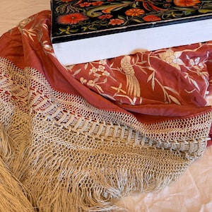 Vintage silk manila shawl (manton) for flamenco. It has double sided hand embroidery and long fringe.Piano Shawl