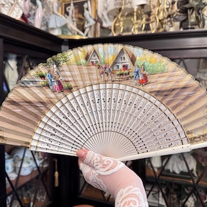 Antique Spanish Fan - Fabric and Wood - Folding Fan - Hand Painted