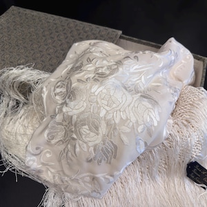 Ivory Silk Manton de Manila | Hand-Embroidered Wedding Shawl with Macramé Fringe | Vintage Unused | Original Label & Box