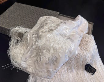 Ivory Silk Manton de Manila | Hand-Embroidered Wedding Shawl with Macramé Fringe | Vintage Unused | Original Label & Box
