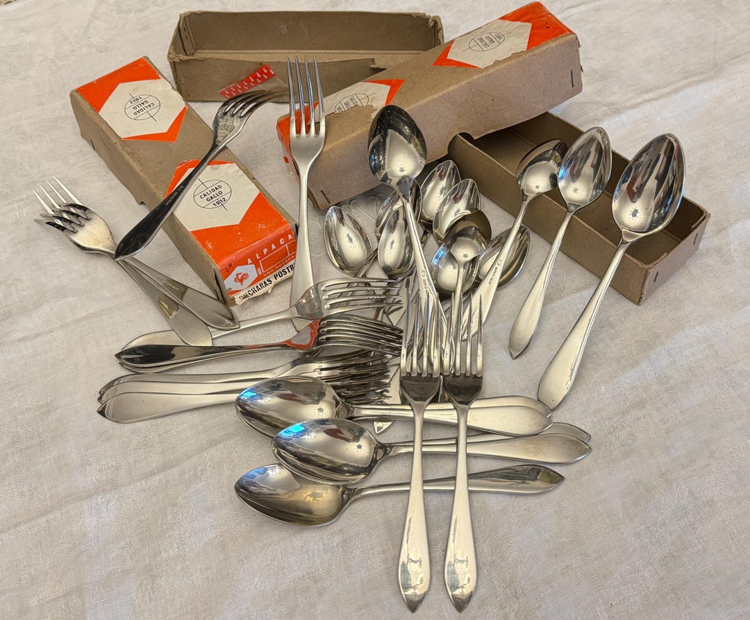 Spanish Alpaca Cutlery Set Mid Century Dessert Flatware Gallo Original ...