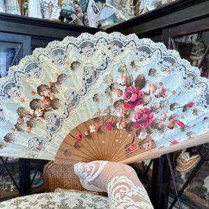 Vintage Wooden Lace Fan with Hand-Painted Floral Design