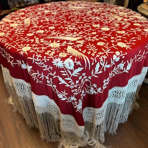 Vintage silk manila shawl (manton) for flamenco. It has double sided hand embroidery and long fringe.Piano Shawl