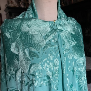 Vintage silk manila shawl (manton) for flamenco. It features double-sided hand embroidery and long fringe.