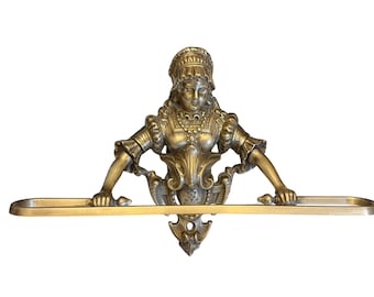 Large Antique Brass Figural Towel Rack – Renaissance Lady Wall Towel Holder for Bathroom or Kitchen, Victorian Revival