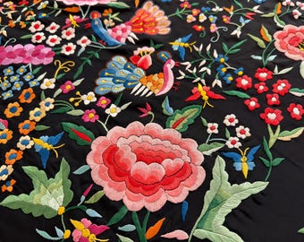 Antique Canton Silk Manila Shawl with Exotic Birds & Flowers – Hand Embroidered – Weight 1.2 kg