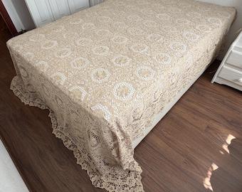 Vintage Burano Lace Bedspread, Handmade Linen Crochet Coverlet, Italian Lace Bed Cover