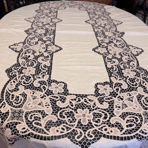 Vintage Italian Tablecloth with Handmade Burano Lace.  Elegant Large Tablecloth with  Lace