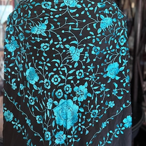 Vintage silk manila shawl (manton) for flamenco. It features double-sided hand embroidery and  fringe.
