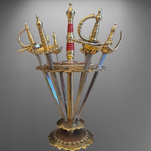 Zestaw mieczy koktajlowych z metalu w stylu vintage z emaliowaną podstawką – 6 miniaturowych mieczy. Świetny prezent