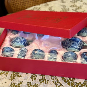 Vintage Chinese Blue and White Porcelain Tea Set with Dragons in Original Box