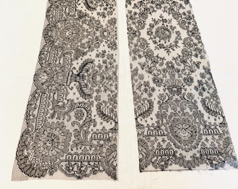 Antique Black Chantilly Lace Panels – Pair of Floral Lace Pieces, Elegant Couture Lace