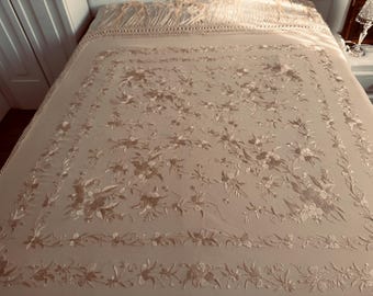 Antique Spanish Manila Shawl – Cream Silk Wedding Shawl / Piano Shawl with Hand Embroidery and Long Fringe