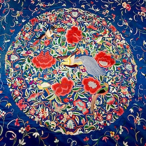 Antique Silk Embroidered Bedspread | Suzhou Double-Sided Hand Embroidery | Royal Blue Manton Style Coverlet | Museum-Quality, 20th Century