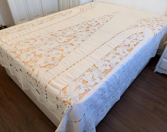 Colcha de linho vintage com renda vazada / bordado Richelieu / capa de cama europeia