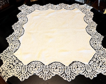 Antique Linen Tablecloth with Hand-Crocheted Lace and Monogram, Square