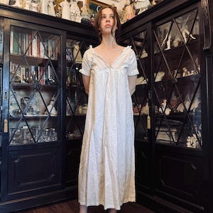 Antique White Linen Nightgown with Lace Trim | 19th Century Romantic Chemise | Hand-Embroidered Lace | Victorian Undergarment