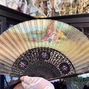 Antique Spanish Fan - Fabric and Wood - Folding Fan - Hand Painted