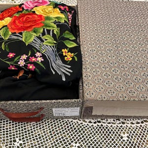 Vintage Black Silk Manton de Manila | Hand-Embroidered Flamenco Shawl with Fringe | Original Box | Unused Condition