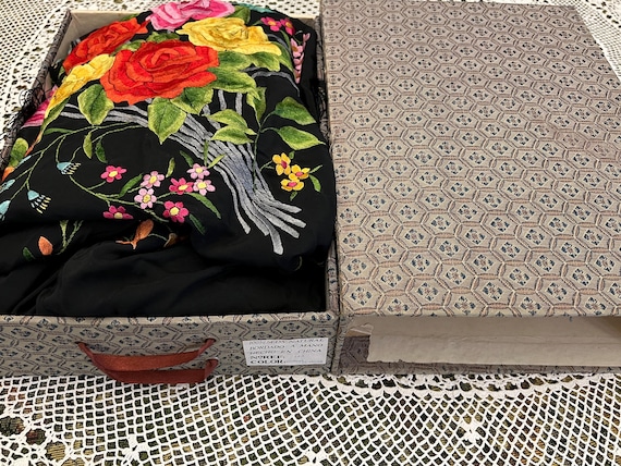 ヴィンテージ ブラックシルク マントン デ マニラ | フリンジ付き手